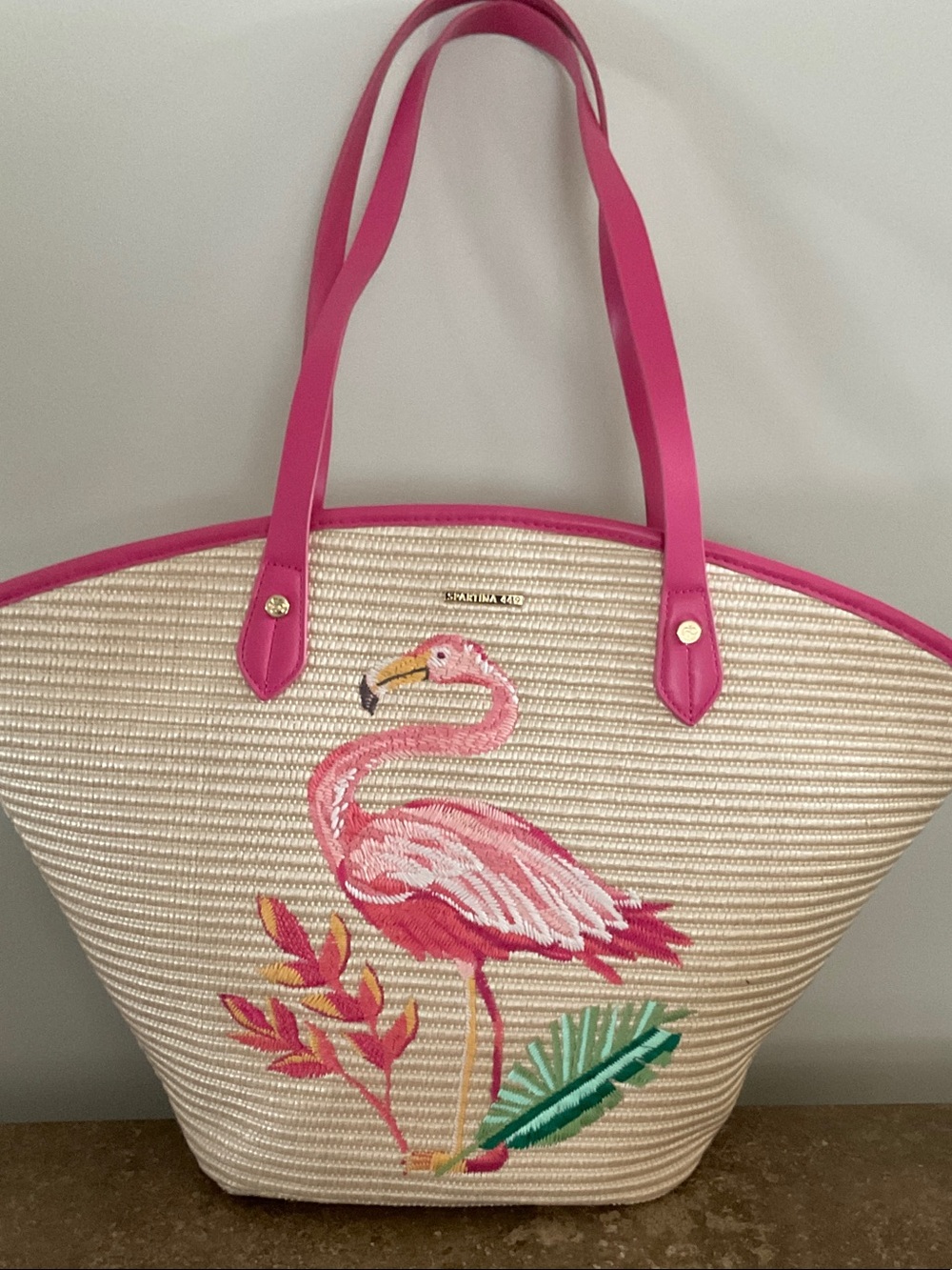 Spartina 449 Pink Flamingo Embroidered Straw Tote with Hot Pink Trim - Picture 1 of 9